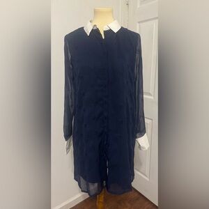 Avec Les Filles for Anthropologie sheer collared eyelet shirt dress navy size 8